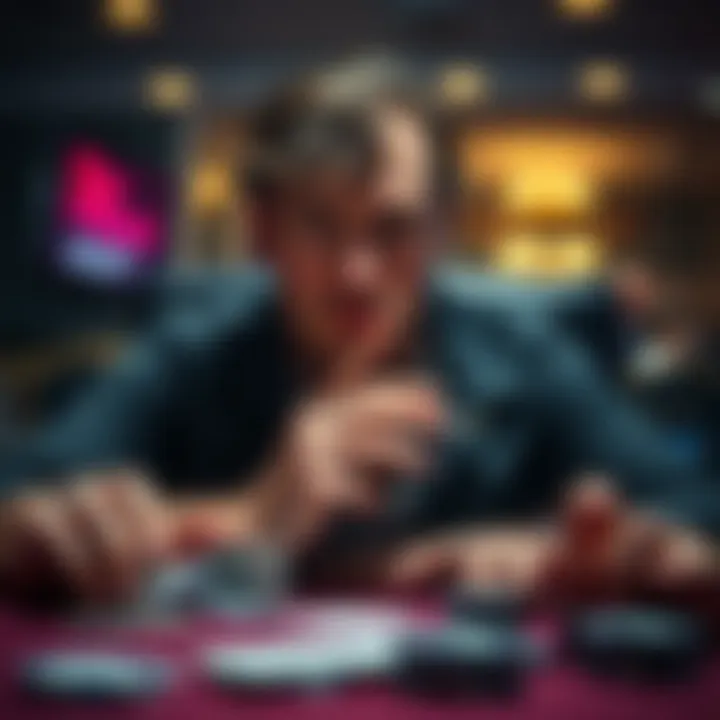 A poker player contemplating a move with a three-of-a-kind at the river, showing his focused expression and the cards on the table.