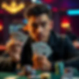 A poker player holding cards with a thoughtful expression, considering whether to fold a Full House in a tense game situation.
