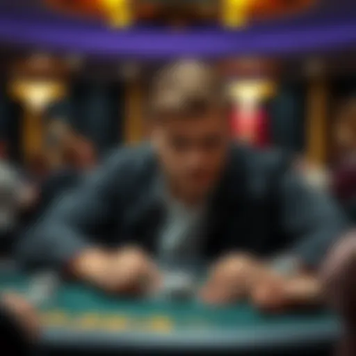 A player looks troubled at a poker table, contemplating a tough decision about folding a strong flush draw.