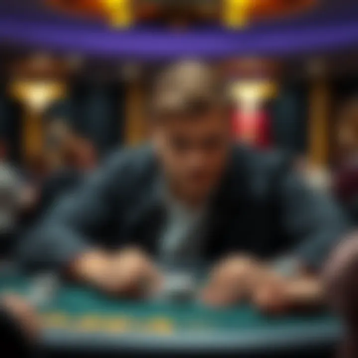 A player looks troubled at a poker table, contemplating a tough decision about folding a strong flush draw.