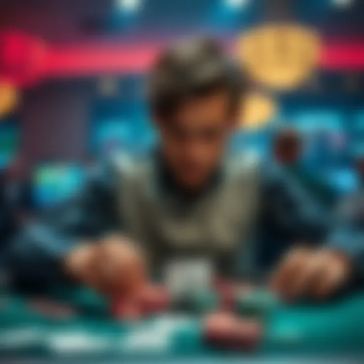 A focused poker player quickly deciding on a hand at a table, surrounded by chips and cards, showcasing an intense game atmosphere.