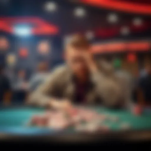 A poker player sitting at a final table, looking frustrated after losing a big pot, with chips scattered in front of him.