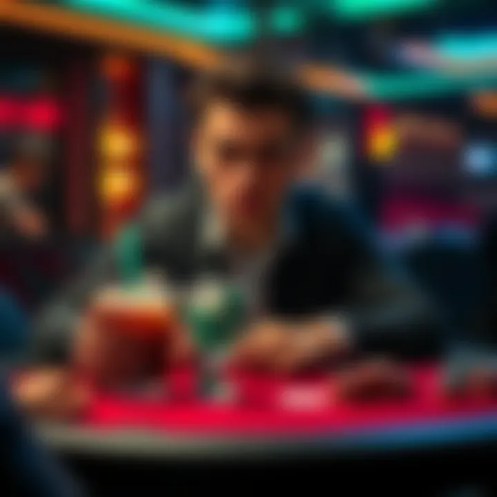 A poker player sitting at a table with a focused expression, holding a drink to calm nerves before a tournament.