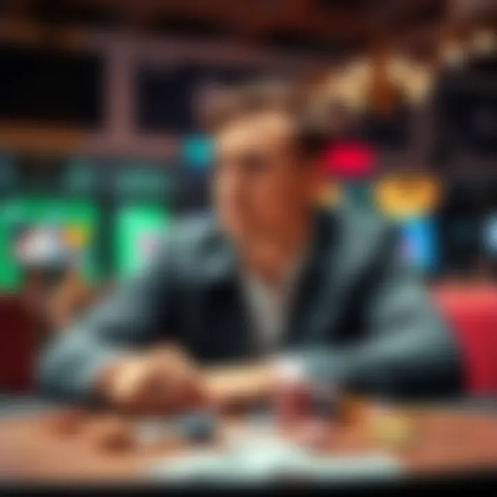 A poker player sitting at a table, looking thoughtful about their game and potential earnings, with chips and cards in front of them.
