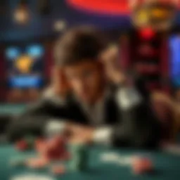 Poker player showing emotions A poker player looks stressed while sitting at a table with cards and chips, reflecting on recent losses.