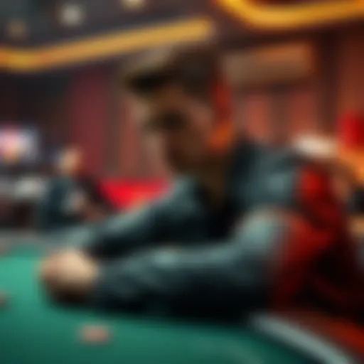 A focused poker player sitting at the final table, contemplating his next move in a high-stakes game