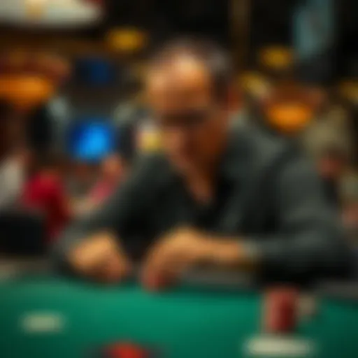 A poker player concentrates at the table, avoiding distractions while deciding on a bet, showing emotional control and discipline.