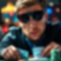 A poker player wearing sunglasses, focused on their cards with a neutral expression, showcasing the importance of the poker face in the game.