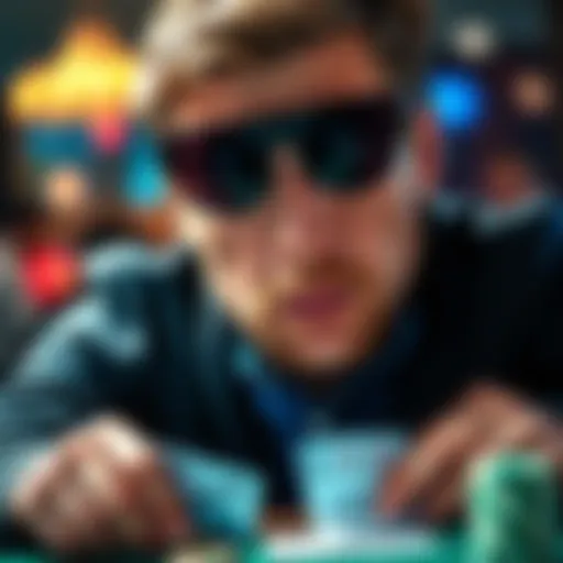 A poker player wearing sunglasses, focused on their cards with a neutral expression, showcasing the importance of the poker face in the game.