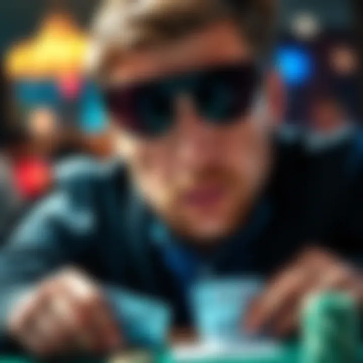 A poker player wearing sunglasses, focused on their cards with a neutral expression, showcasing the importance of the poker face in the game.