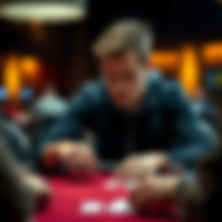 Poker player making a fold decision A focused poker player contemplating a fold at a NL10 table with a deep stack in front of him.