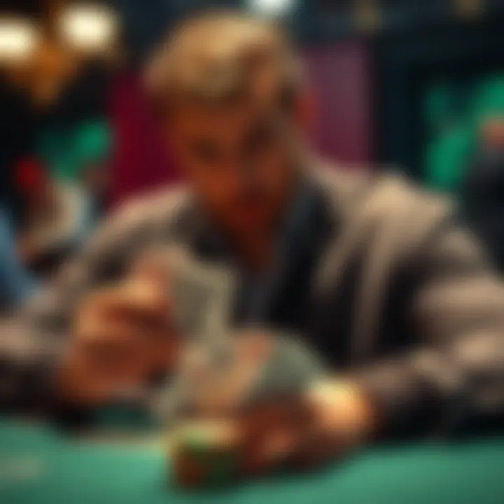 A focused poker player holding cards, contemplating whether to fold or not