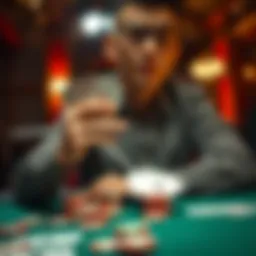 A poker player sitting at a table folds their cards, showing a look of contemplation on their face, with chips and cards in front of them.
