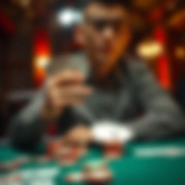 A poker player sitting at a table folds their cards, showing a look of contemplation on their face, with chips and cards in front of them.