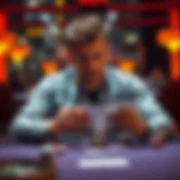 Poker player contemplating a fold A poker player sitting at a table, looking thoughtful while holding their cards, with chips in front of them.