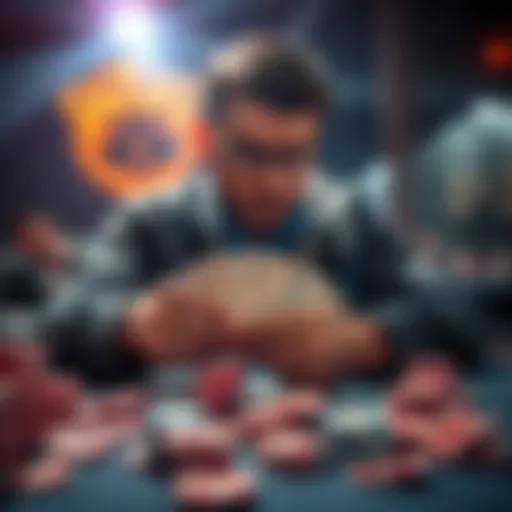 A poker player contemplating their next move, folding their cards at a table surrounded by chips.