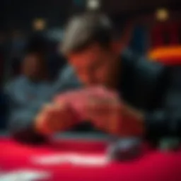 A poker player looks troubled while folding his cards at a table, showing signs of uncertainty during a game.
