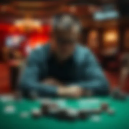 A poker player sitting at a table with a discouraged expression, surrounded by cards and chips, reflecting on his losing streak
