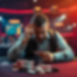 A poker player sitting at a table, visibly upset, with cards in hand and chips scattered around