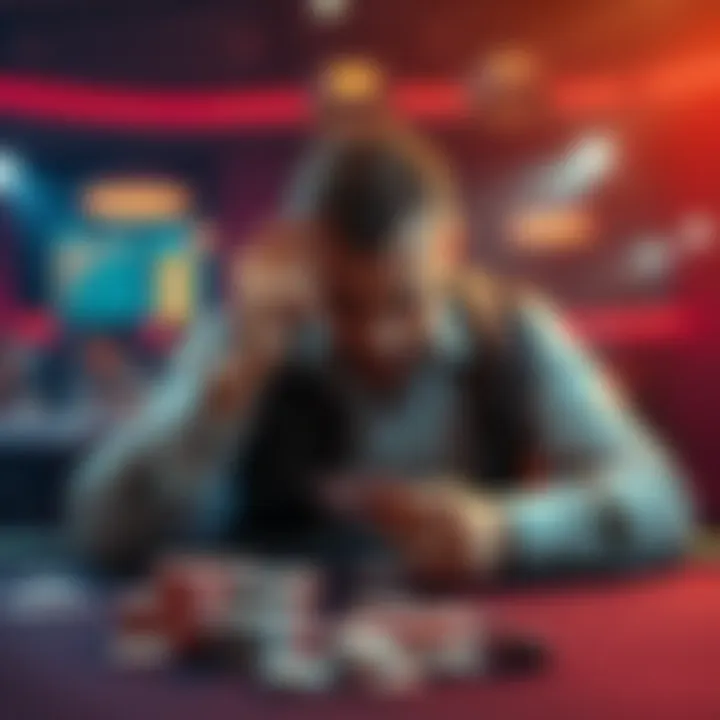 A poker player sitting at a table, visibly upset, with cards in hand and chips scattered around