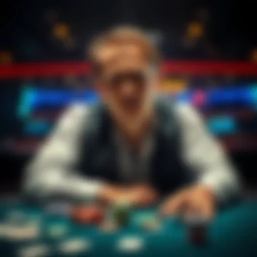 Poker player feeling frustrated A poker player sits at a table with a worried expression, surrounded by cards and chips, reflecting on recent losses.