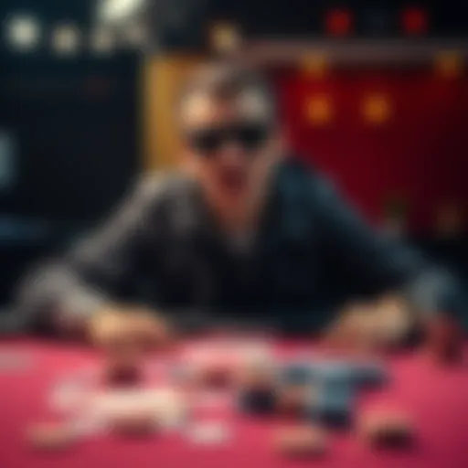 Poker player at a table looking frustrated A poker player sitting at a table, showing signs of frustration after a long session, with cards and chips scattered around them.