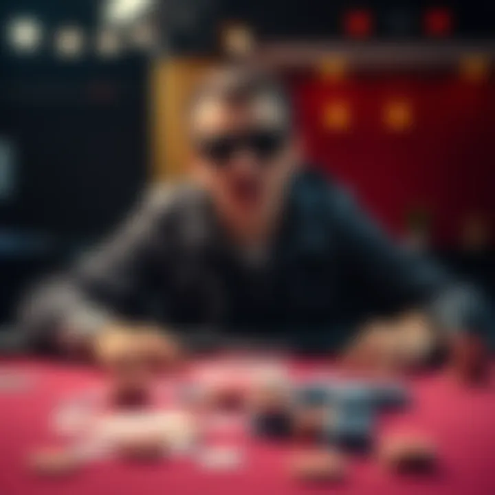 Poker player at a table looking frustrated A poker player sitting at a table, showing signs of frustration after a long session, with cards and chips scattered around them.