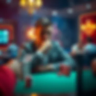 A poker player sitting at a table with a Full House hand, contemplating their next move with chips in front of them