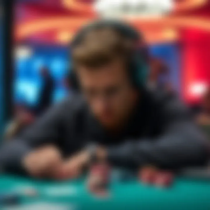 A poker player focused at a table, wearing a one-sided headphone that allows ambient sounds, helping them concentrate during a game