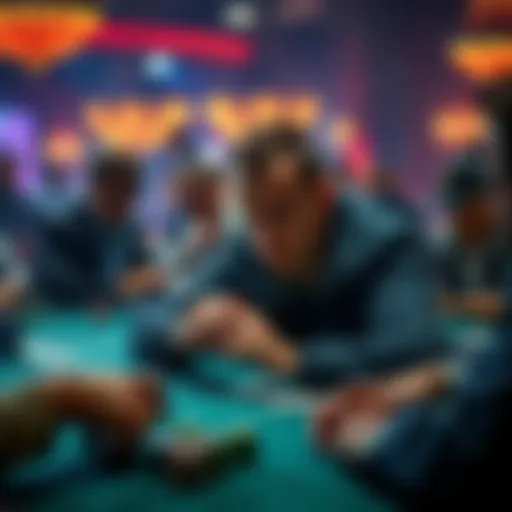 A poker player looks intently at his cards during a high-stakes game, surrounded by chips and focused opponents.