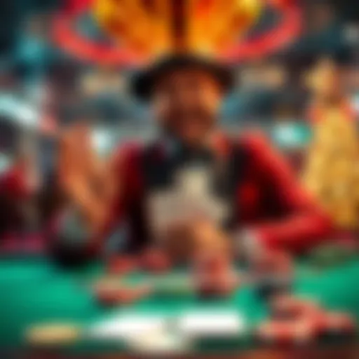 A poker player celebrating after getting a royal flush, with chips and cards on the table