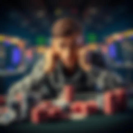 A poker player looking stressed at a table surrounded by cards and chips, contemplating their negative balance.