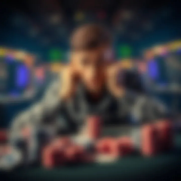 A poker player looking stressed at a table surrounded by cards and chips, contemplating their negative balance.