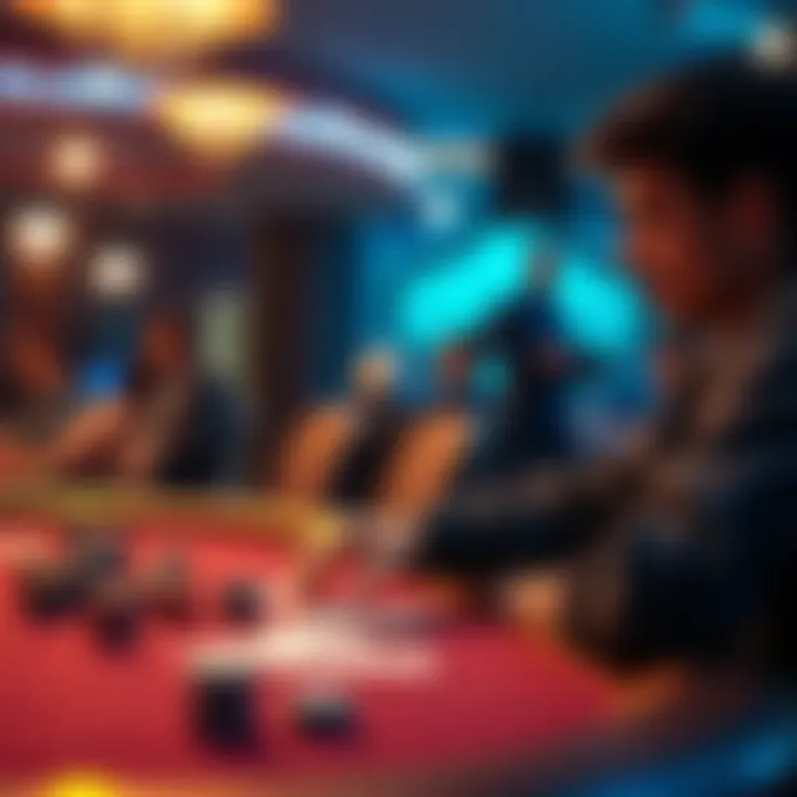 A focused poker player sitting at a low stakes tournament table, surrounded by chips and cards, displaying concentration and strategy in play.