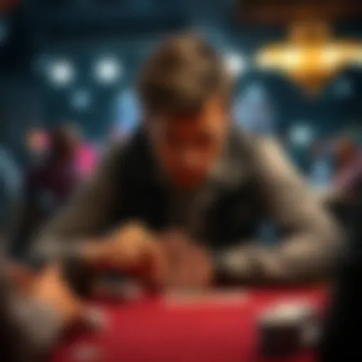 Poker player mourning friend A poker player focused at a table, showing a serious expression as he plays cards, reflecting on a recent loss.