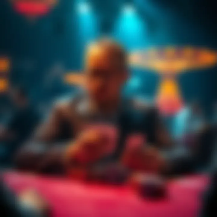 A player contemplating their next move in a poker game, showing a mix of aggression and strategy, focusing on their cards.