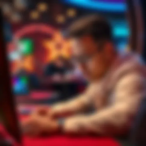 A player engaged in an online poker game with virtual chips on the screen and a focused expression