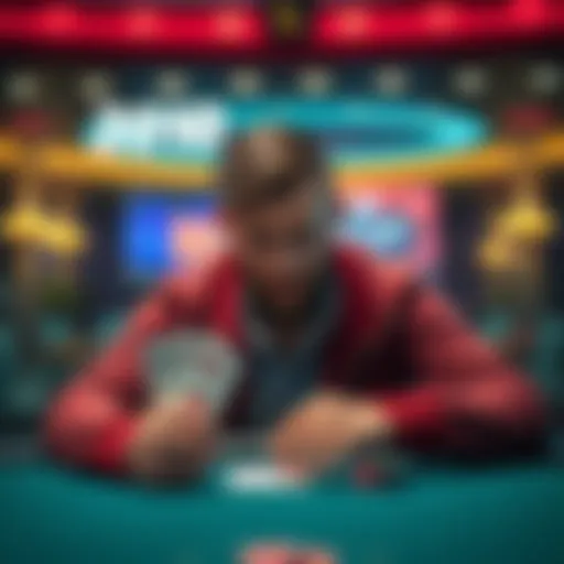 Poker player with Pocket 2s A poker player contemplating a fold with Pocket 2s after an aggressive bet from the big blind, showing a tense expression at the table