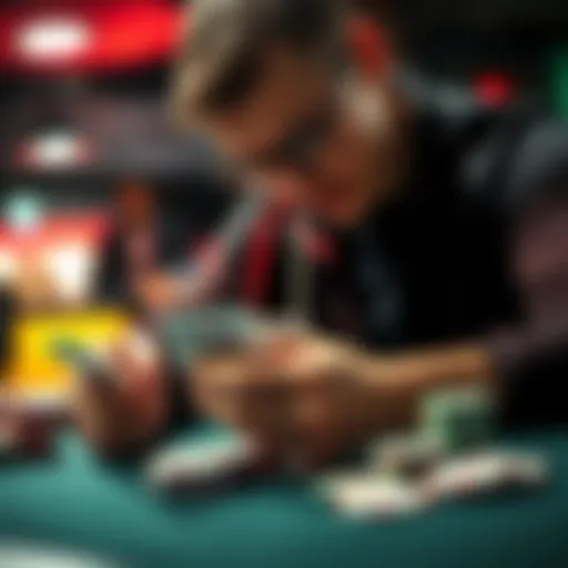 A poker player focused on their cards and chips, considering pot odds in a multi-table tournament scenario.