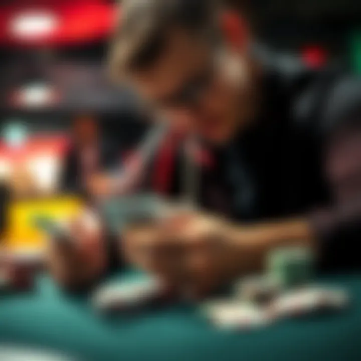 A poker player focused on their cards and chips, considering pot odds in a multi-table tournament scenario.