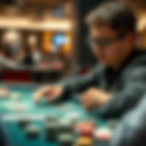 A focused player with chips and cards at a poker table, showcasing determination and excitement about their progress in the game