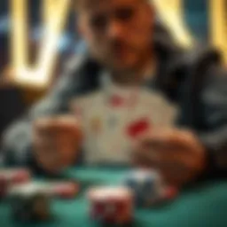 A poker player confidently reveals his QQ cards while a K10 suited is displayed on the table, highlighting a key moment in the game.