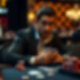 Poker player reflecting on losses A poker player sitting at a table, looking pensive with cards in hand, representing the struggle after months of losses.