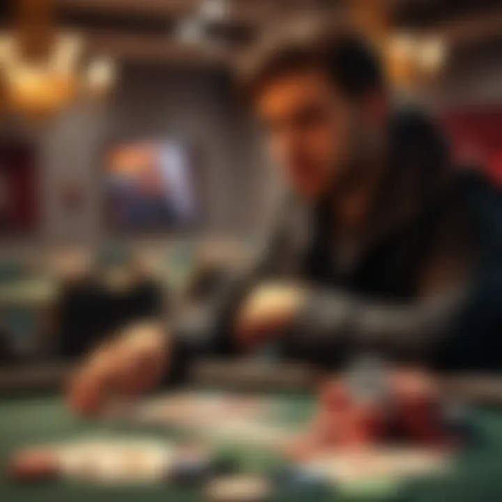 A poker player sits at a table with cards and chips, looking thoughtful and contemplative about their losses in the past year