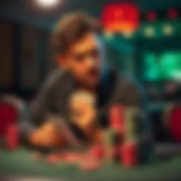 Poker player reflecting on losses A poker player sitting at a table, looking thoughtful with cards in hand and chips scattered, symbolizing loss and strategy
