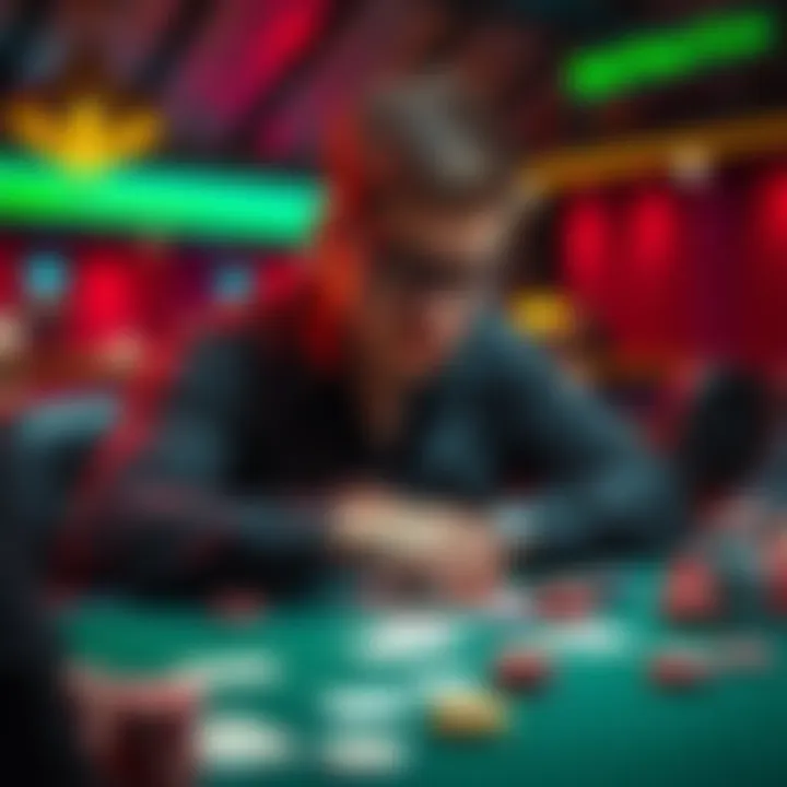 A poker player sitting at a table, looking thoughtful after losing three hands with strong cards, surrounded by playing cards and chips
