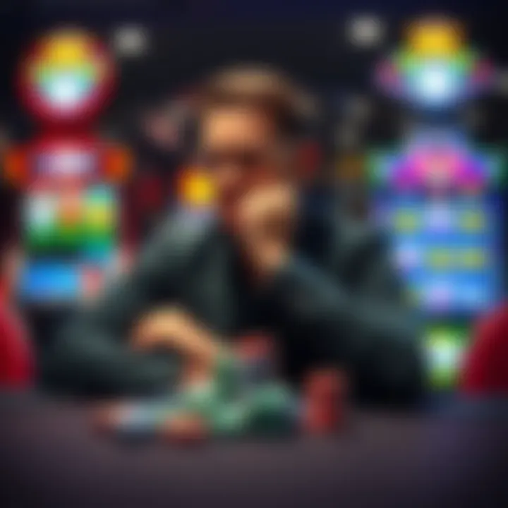 A poker player sitting at a table looking thoughtful with poker chips and a slot machine in the background after a big win and loss