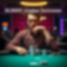 Poker Player Reflecting on Loss A poker player sitting at a table, looking thoughtful with cards in hand, contemplating a recent loss of 50,000€