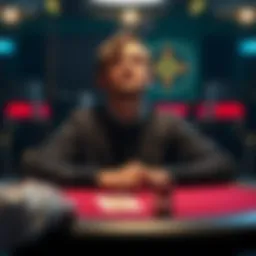 Poker player reflecting on a game A thoughtful player sitting at a poker table, looking concerned after experiencing losses in a game