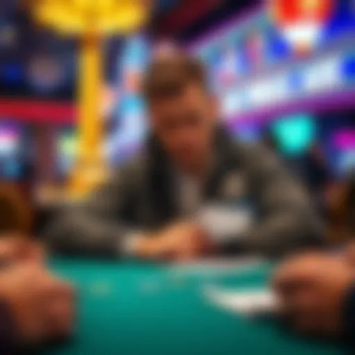 A poker player sitting at a table in Las Vegas, looking worried while checking his chips and notes, contemplating his recent WSOP experience.